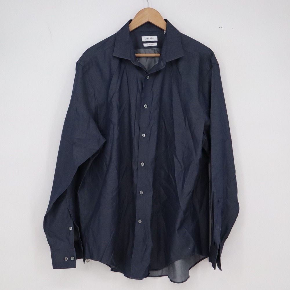 Calvin Klein Dress Shirt Mens XL Slim Fit Non Iron Navy Blue Button Down Exc